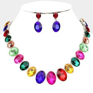 Oval Multi Color Crystal Link Evening Silver Necklace Set